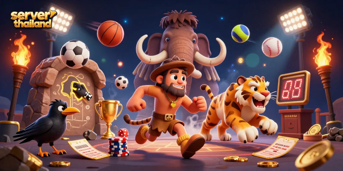Engage in server thailand action with a vibrant prehistoric casino scene dynamic with sports balls and gold elements.