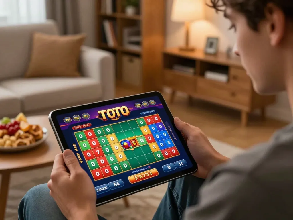 yowesjp player engaging in online toto gambling on a tablet in a cozy home setting