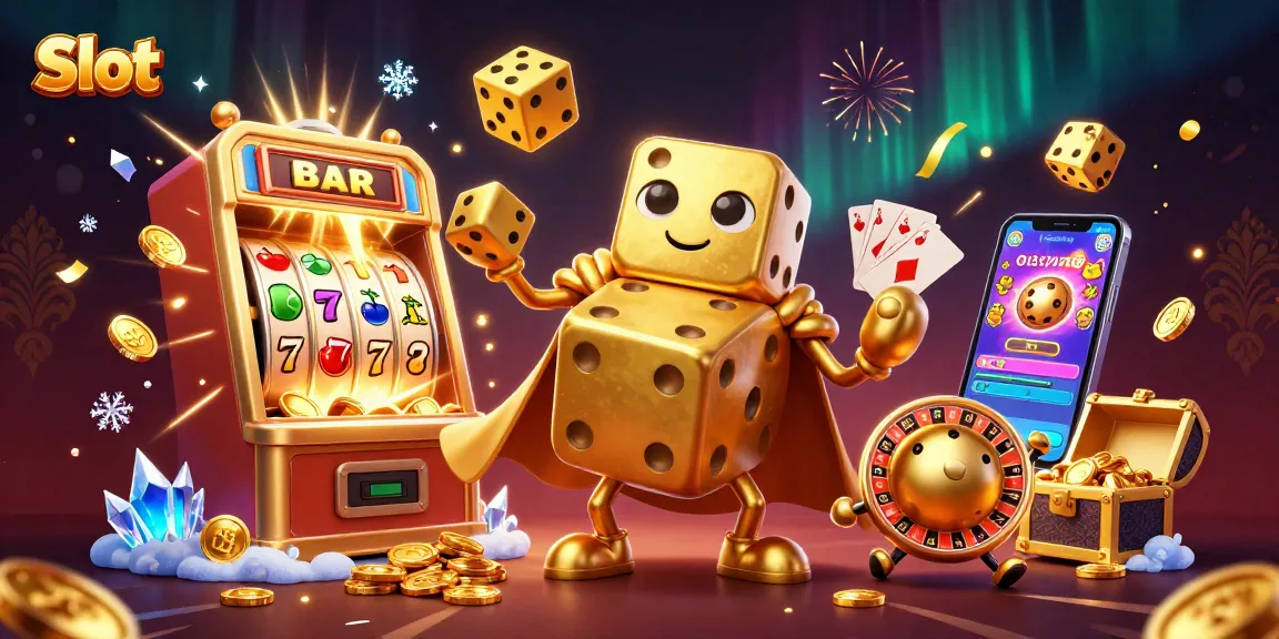 Spin the Slot reels for big wins with a dazzling 3D jackpot scene featuring golden dice and coins.