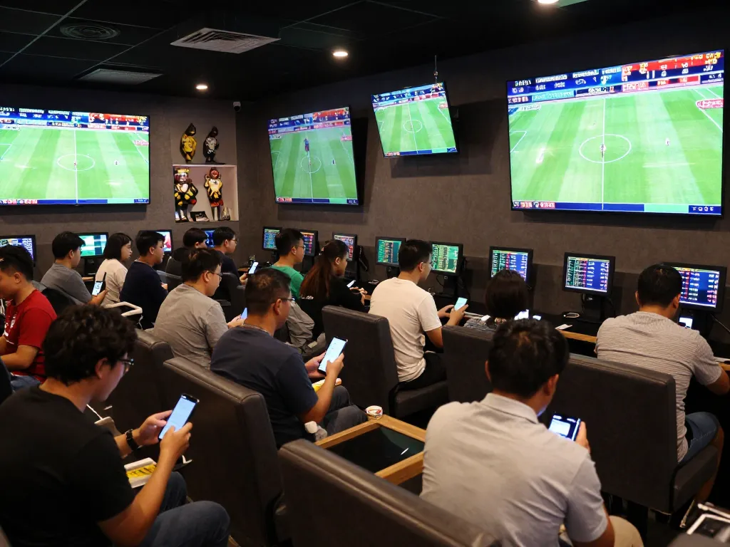 The excitement of tỷ lệ kèo nhà cái hôm nay reflected in a lively sports betting lounge with fans placing bets.