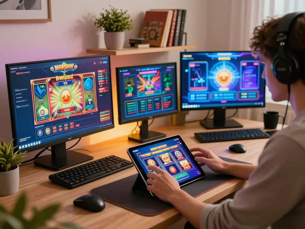 Engaging gameplay on https://l567.tech/ showing a player interacting with online slot machines in a cozy home setting.