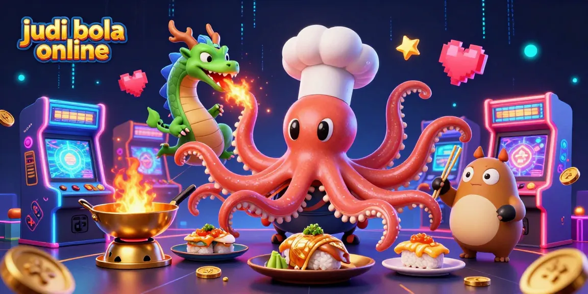 Experience thrilling judi bola online action with a sushi chef octopus and dragon in a dynamic casino scene.