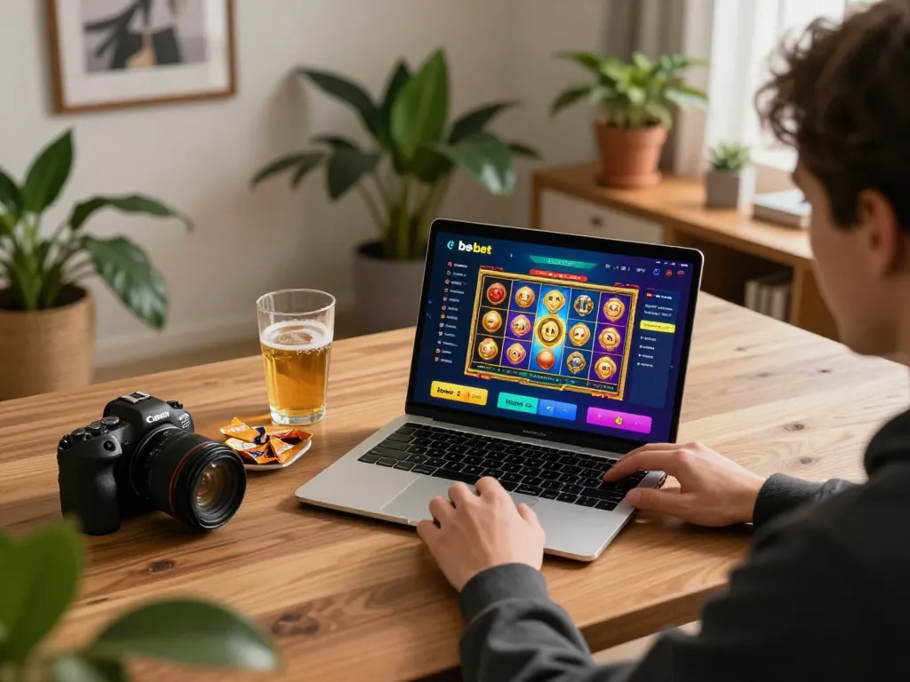 Engaging with the betbet app on a laptop for strategic online gaming at home in a cozy setting.