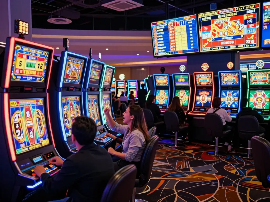 Engaged players experiencing slot bet 100 excitement on colorful casino floor.