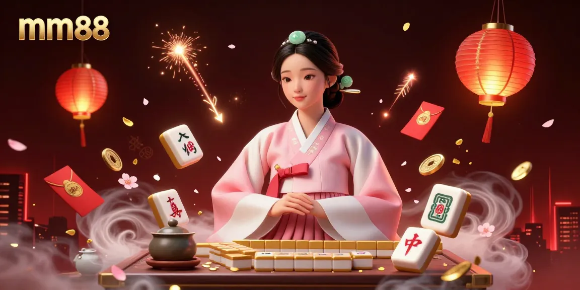 Experience the magic of mm88 with stunning mahjong tiles and festive lanterns in an innovative digital casino scene.