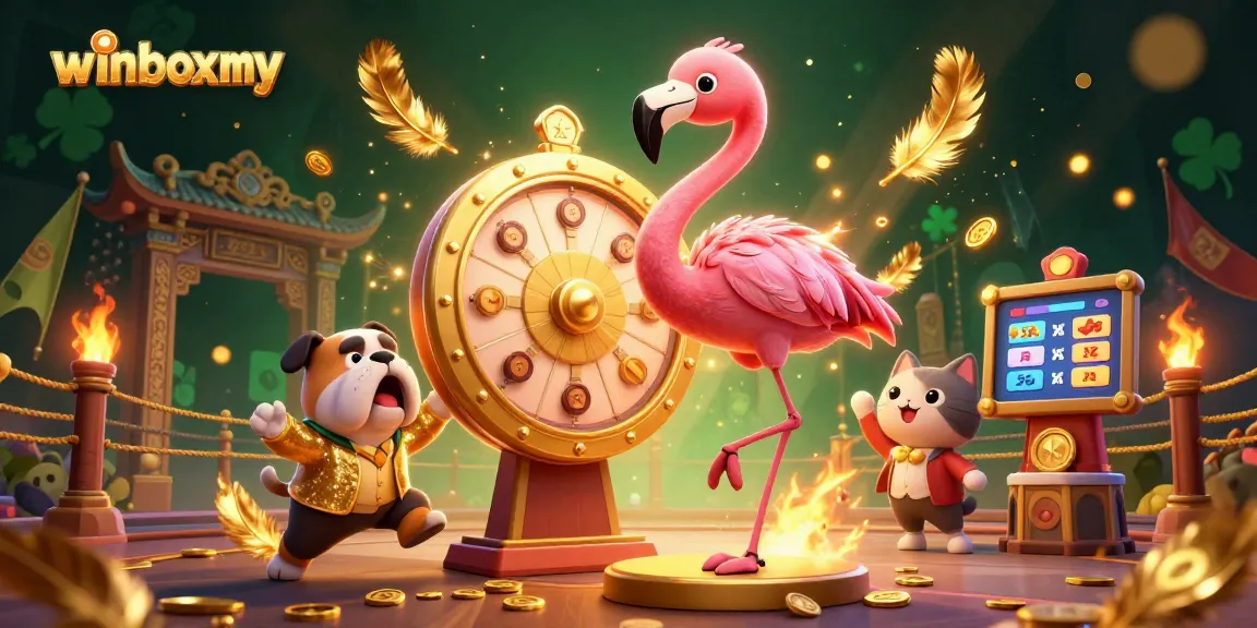 WinboxMY showcases an exciting gaming scene with engaging characters, prize wheel, and casino elements.