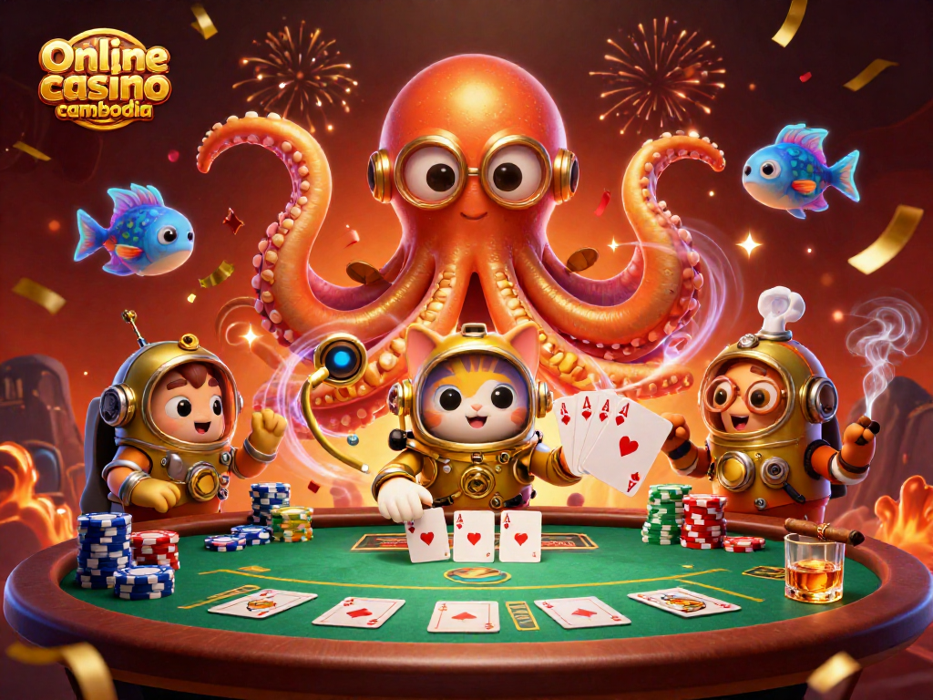 Experience thrilling Online casino cambodia action with vibrant characters, poker games, and festive elements.