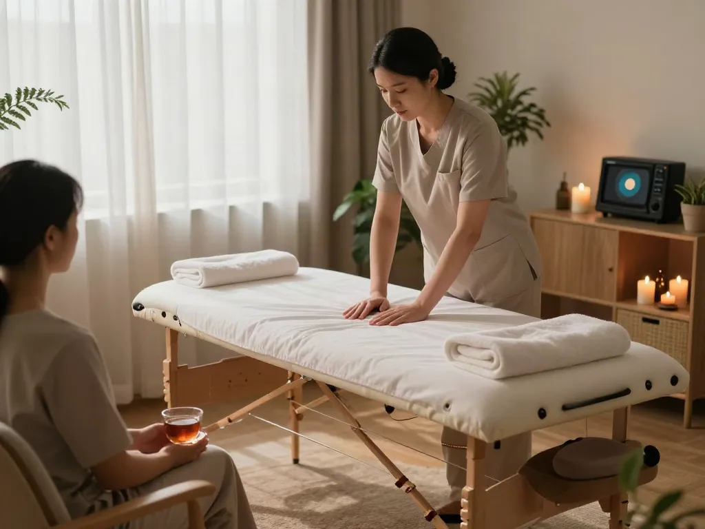 마포출장마사지 setting with therapist preparing calming environment for clients in soothing light.