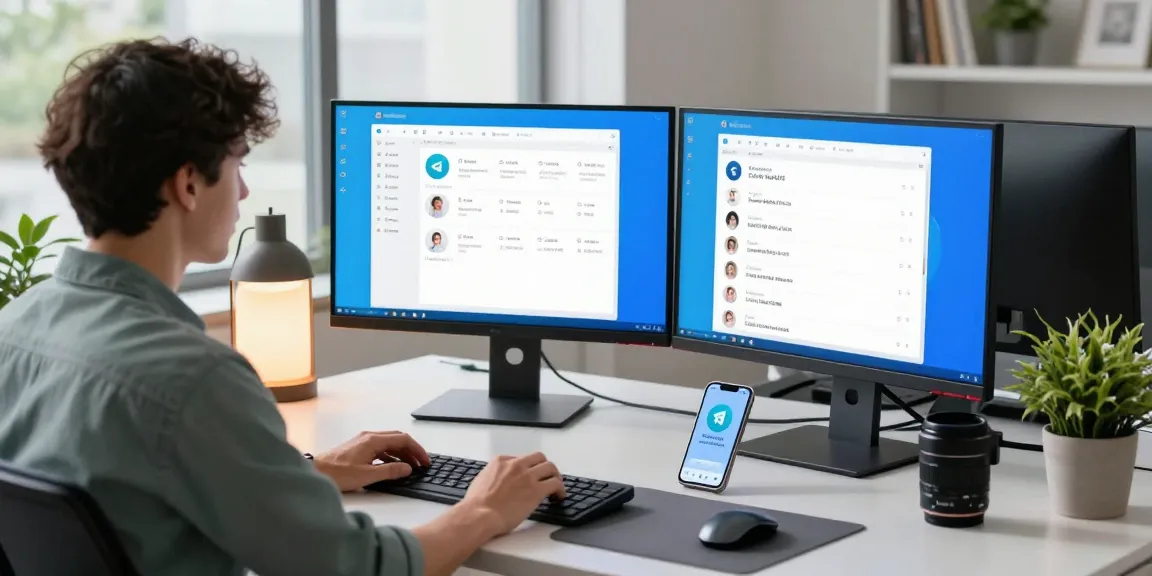 Explore the Telegram中文版 interface on multiple screens in a modern workspace.