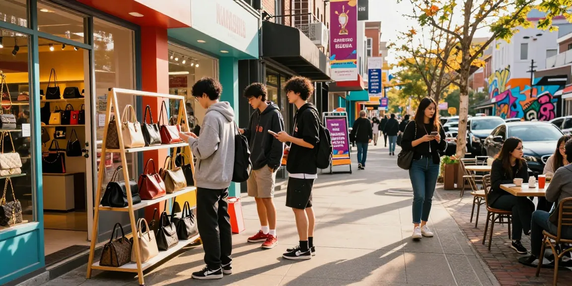 Shopping for high-quality items at a 레플리카 쇼핑몰 in a vibrant urban setting.