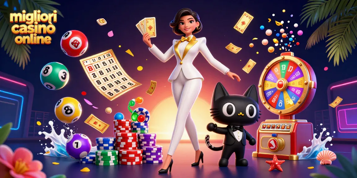 Esplora i migliori casinò online con una donna glamour e un gatto in una scena di gioco vivace.