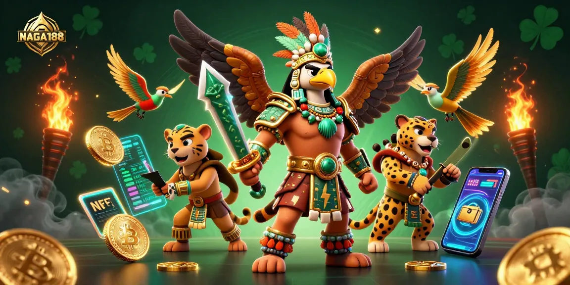 NAGA188 menampilkan petualangan dalam pertempuran kasino dengan karakter gaya Aztec dan koin kripto.