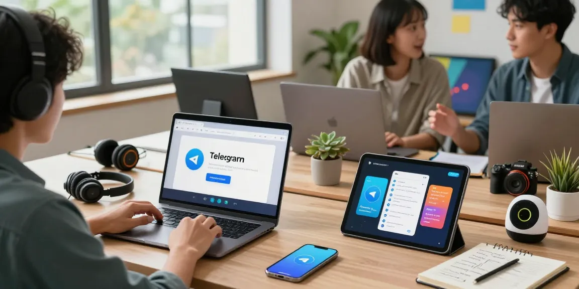 Exploring Telegram中文版 across multiple devices in a modern office environment, showcasing seamless communication and teamwork.