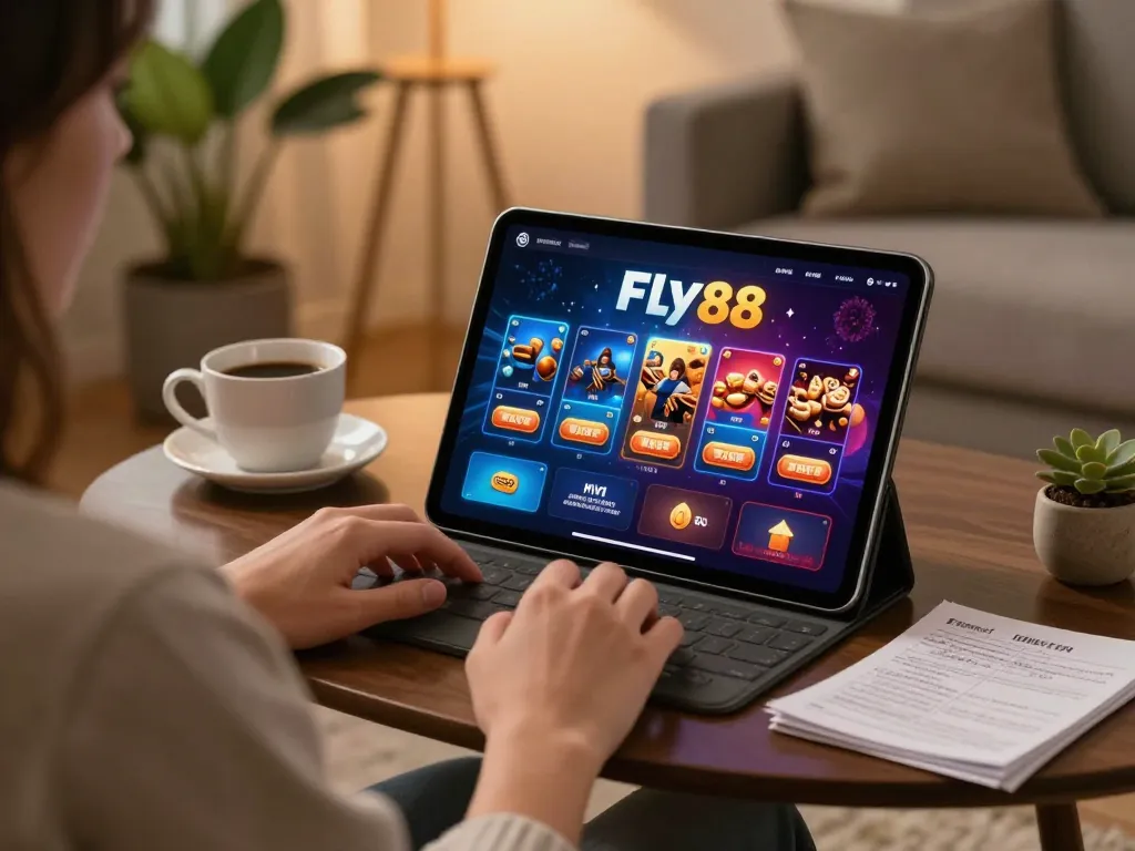 Player engaging on fly88 casino app in a cozy home setting, enjoying a strategic gaming session