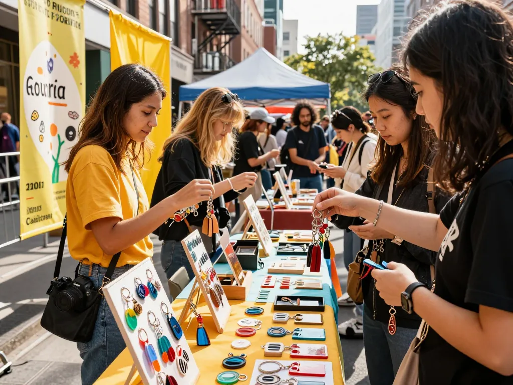 Customized keychain artisan market with diverse artists displaying unique designs and engaging customers.
