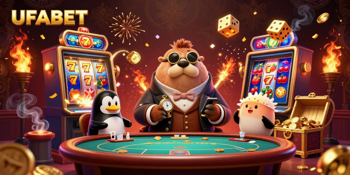 Experience the vibrant excitement of UFABET with a jolly walrus playing poker underwater amidst golden jackpots and gaming elements.