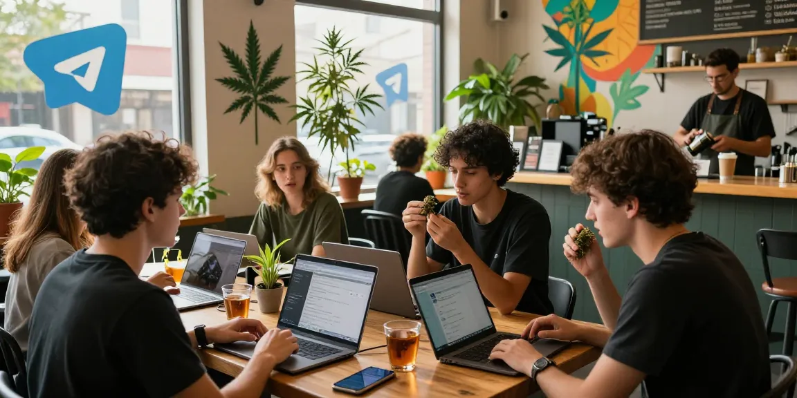 Engaged cannabis community sharing telegram weed updates in a vibrant café.