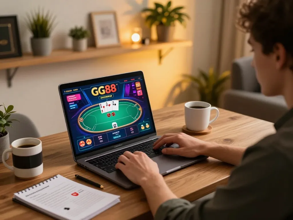 Player engaging in online GG88 poker game with laptop and strategy notes in a cozy setting
