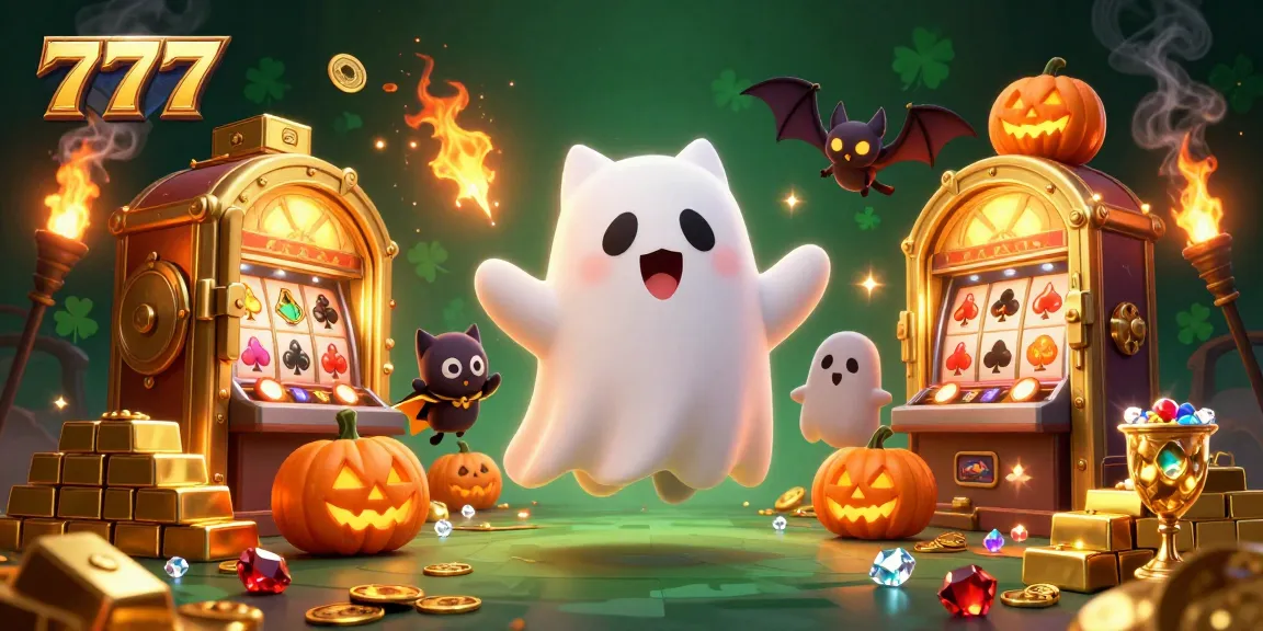 Experience the thrill of 777 jackpots with dynamic ghost cat and glowing treasures in a vibrant casino scene.