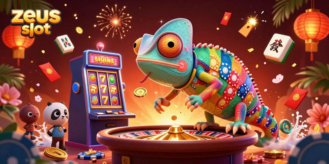 Exciting zeus slot scene featuring a colorful chameleon owner and vibrant game elements.