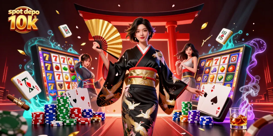 Spin the reels at slot depo 10k with colorful slot machines and an elegant dealer in a vibrant casino setting.
