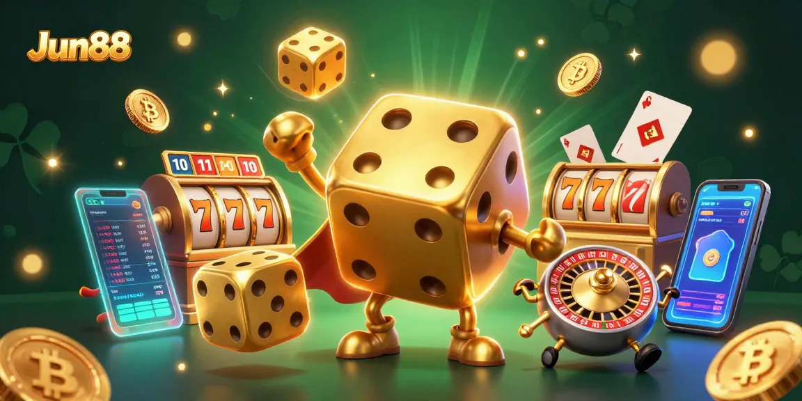 Experience exciting wins at Jun88 with a lively 3D casino-themed scene showcasing golden dice and vibrant game elements.