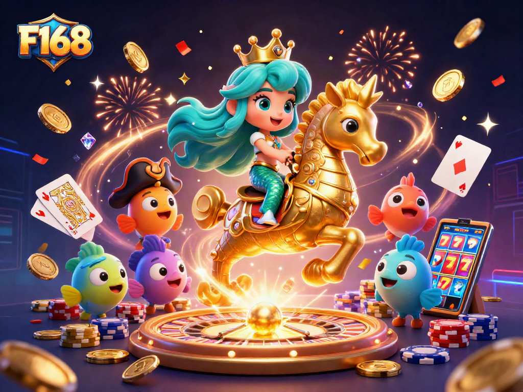 Engage in thrilling gaming at F168 with a colorful 3D casino illustration featuring vibrant mermaids and treasure.