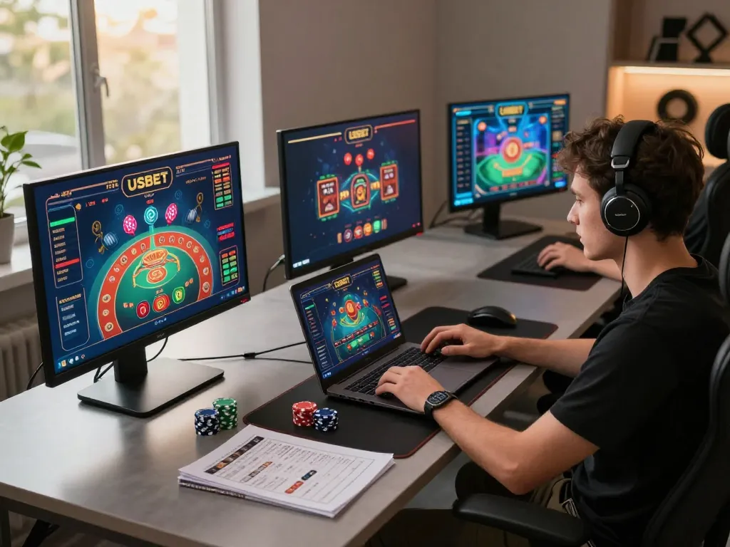 USBET online gaming setup showing professional player engaged in strategic gameplay