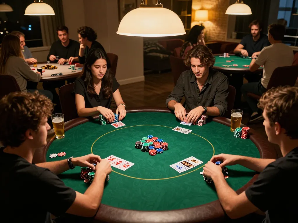 Engaging home poker night scene with friends and strategic play at nhà cái fly88