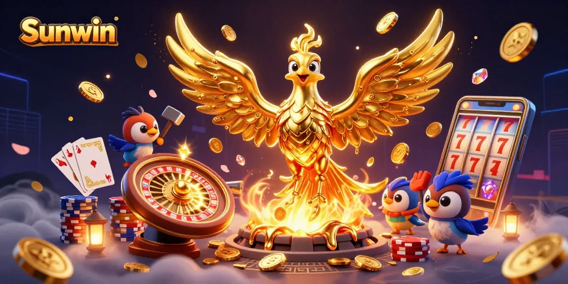 Engage with Sunwin's thrilling casino experience featuring a golden phoenix, coins, and vibrant game elements.