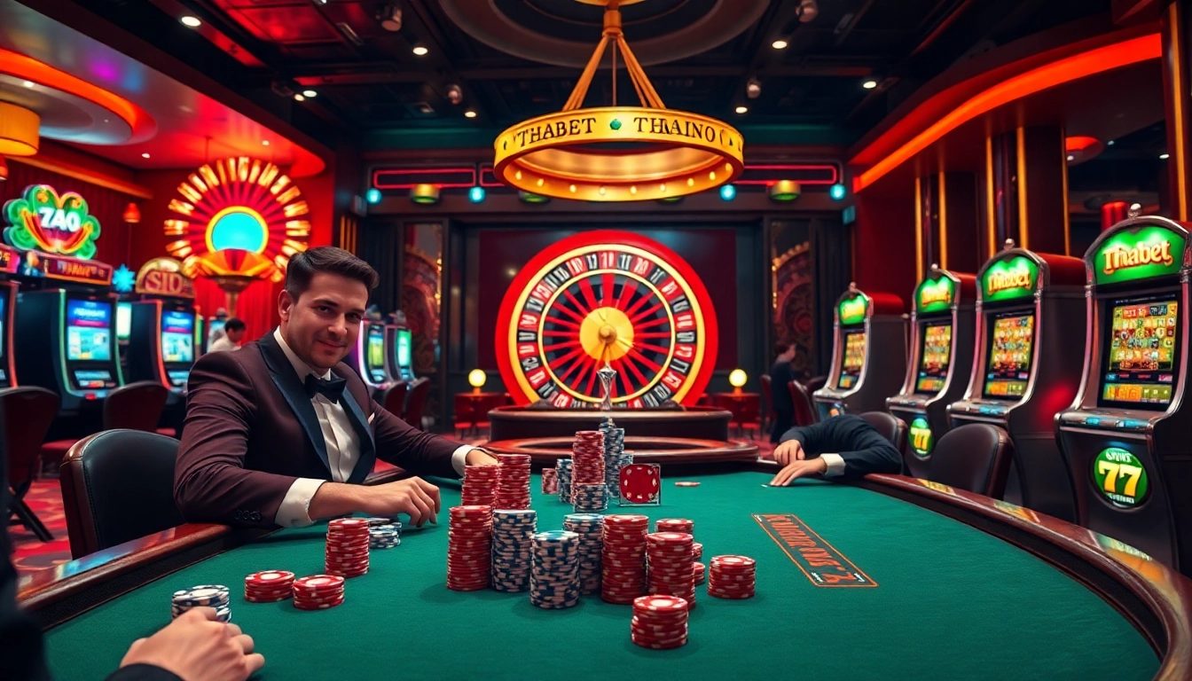 Thabet casino scene engaging players in thrilling poker and roulette games, showcasing vibrant gambling atmosphere.