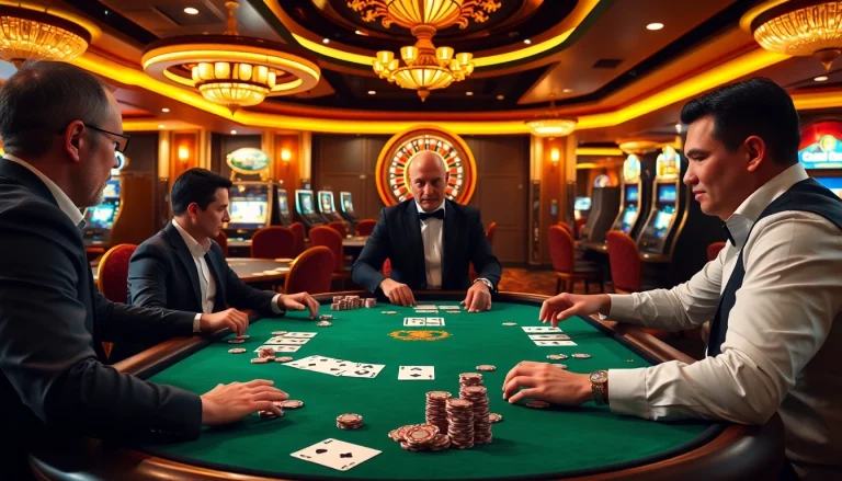khela88 bet scene featuring players at a luxurious poker table with vibrant casino elements.