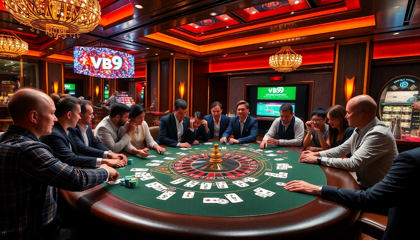 Players at a glamorous casino table engaging in the exciting game vb9, showcasing vibrant chips and strategy.