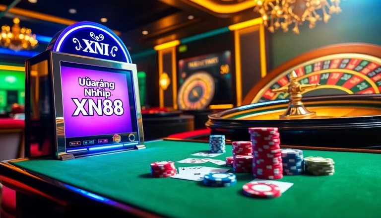 Experience thrilling online gaming excitement with Đăng Nhập XN88 on a luxurious casino floor featuring slot machines.
