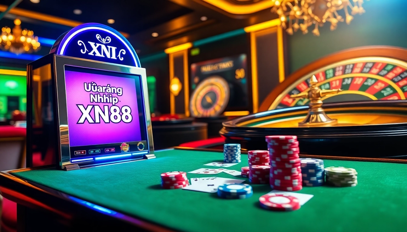Experience thrilling online gaming excitement with Đăng Nhập XN88 on a luxurious casino floor featuring slot machines.