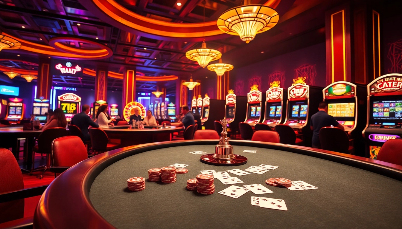 Engage with the immersive casino experience at tha-bet featuring vibrant tables, roulette wheels, and excited players.