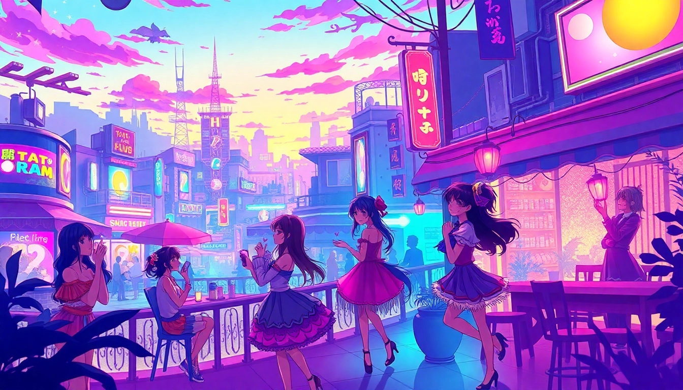 Anime sex-themed illustration featuring vibrant characters in a lively urban landscape.