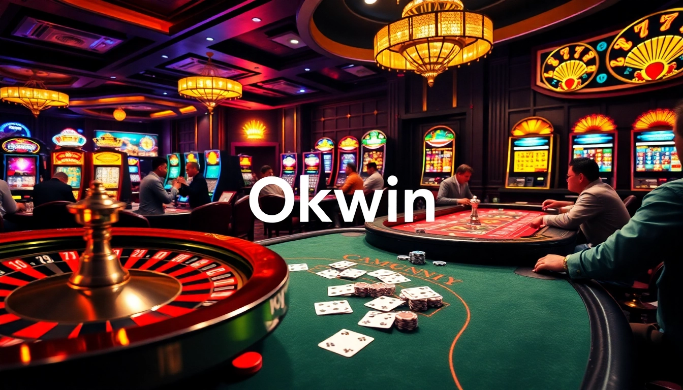 Playing at a vibrant casino with Okwin on poker tables, thrilling atmosphere with high stakes.