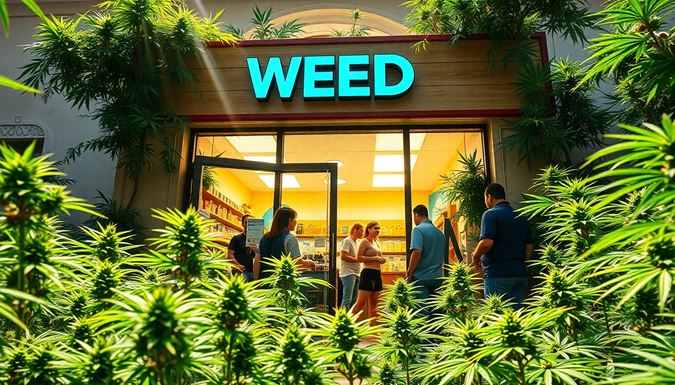 Visit our inviting Weed Store featuring lush greenery and a welcoming exterior.
