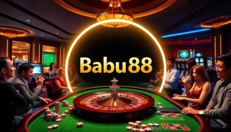 Babu88 casino scene featuring a roulette wheel, poker chips, and excited gamblers.