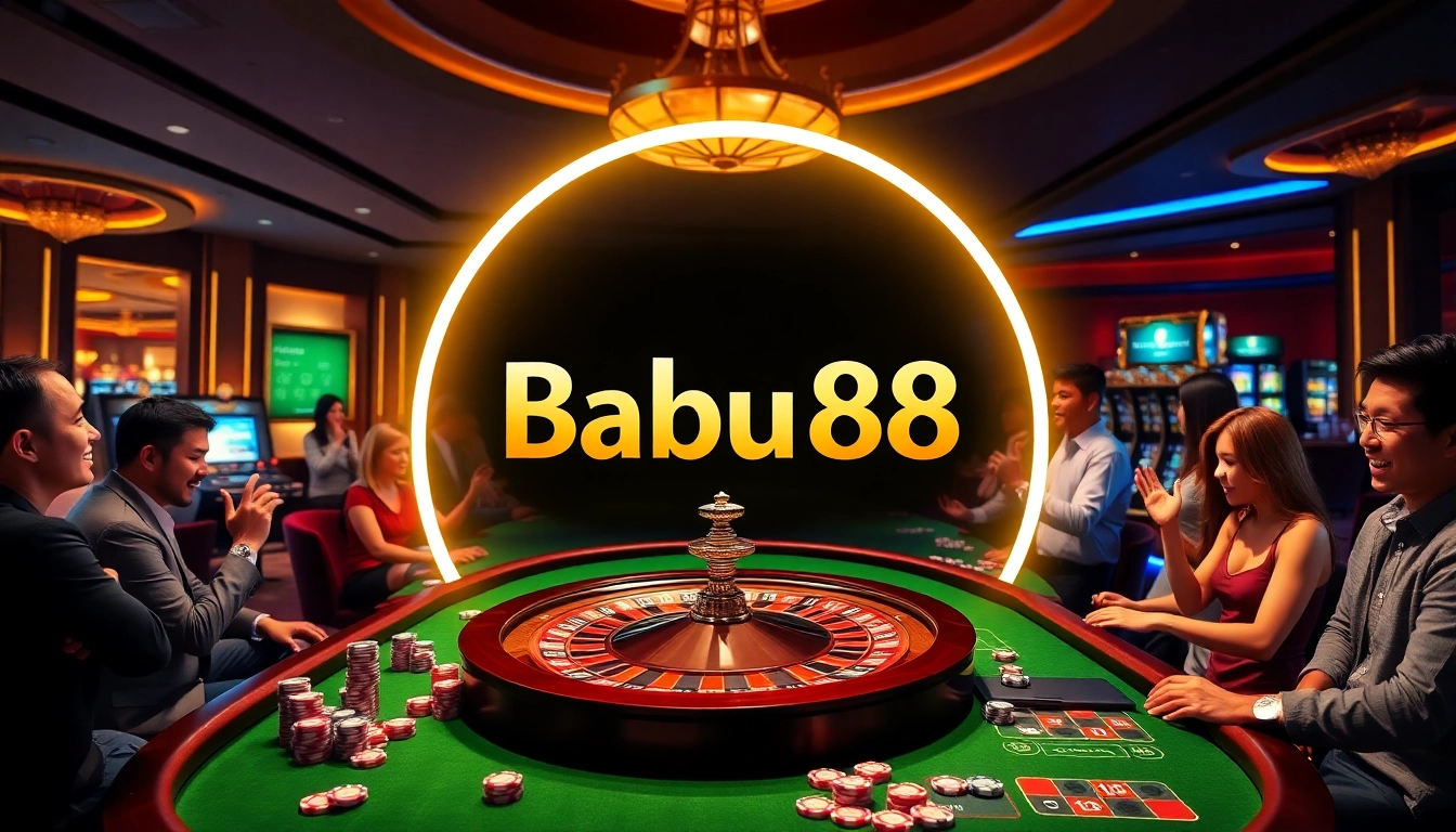 Babu88 casino scene featuring a roulette wheel, poker chips, and excited gamblers.