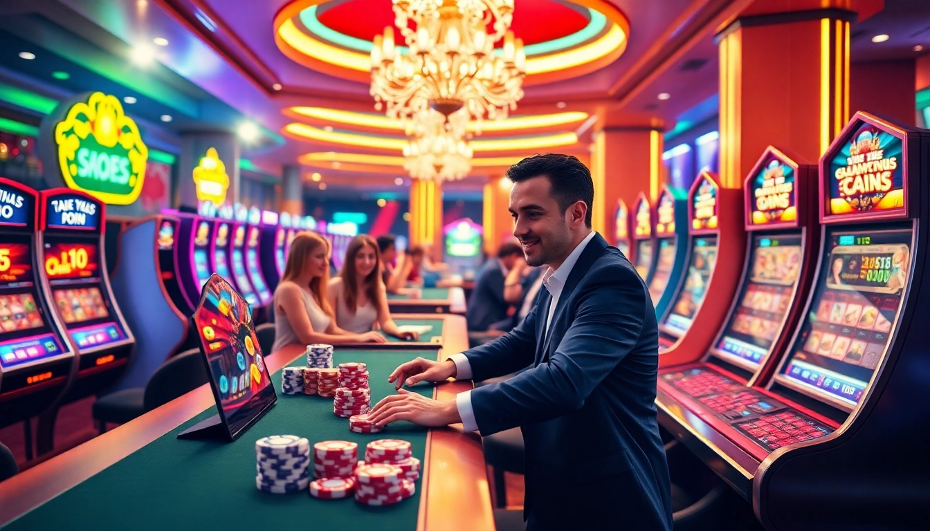 Dynamic casino scene featuring shbet link mới with vibrant slot machines and engaging gamblers.