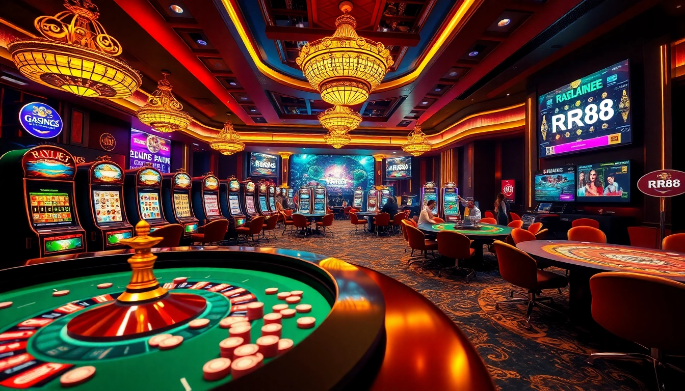 Experience the excitement of RR88 with players enjoying high-stakes betting at luxurious casino tables.