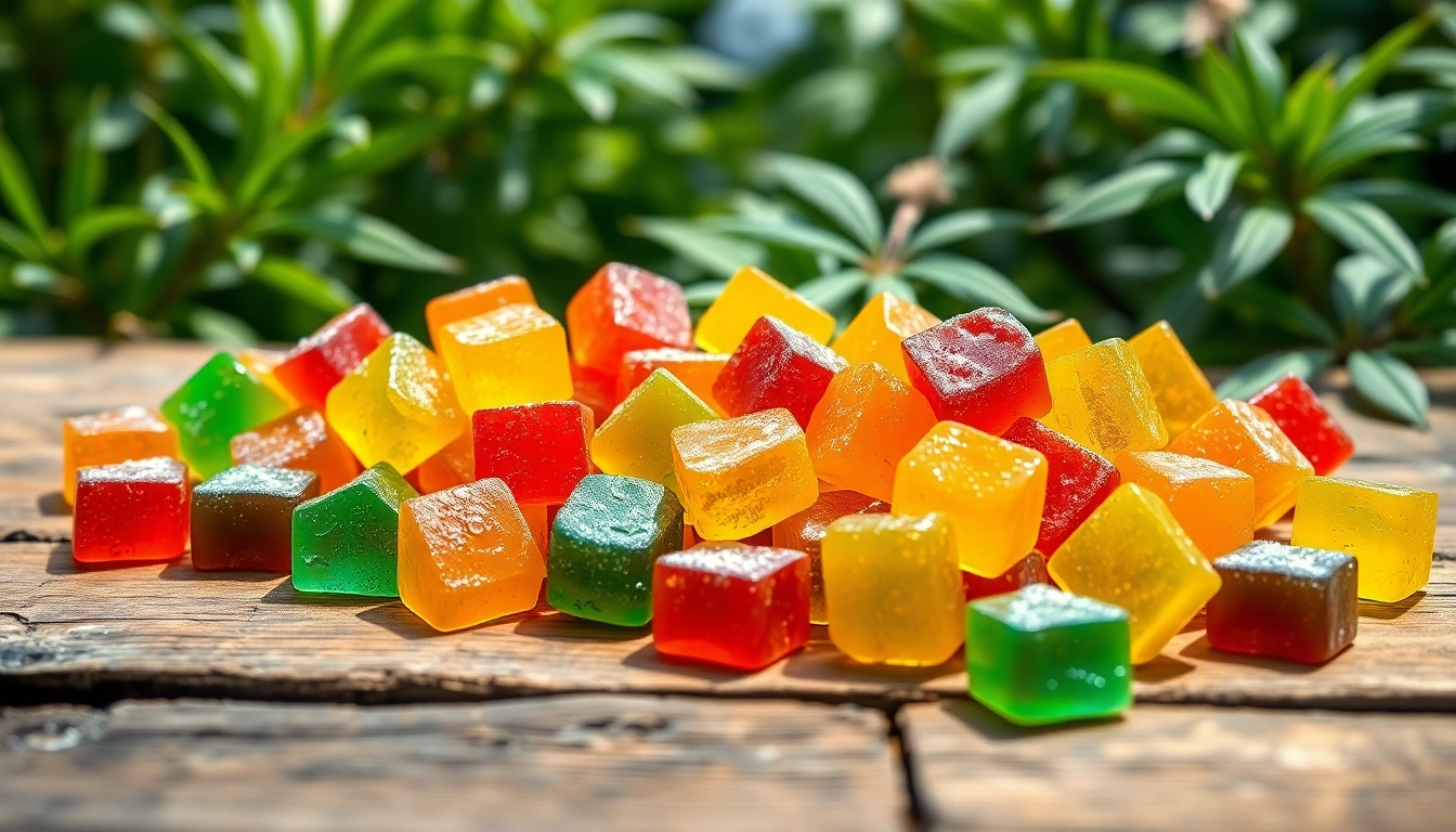 Enjoy diverse Weed Gummies showcased on a rustic table, highlighting vibrant colors and textures.