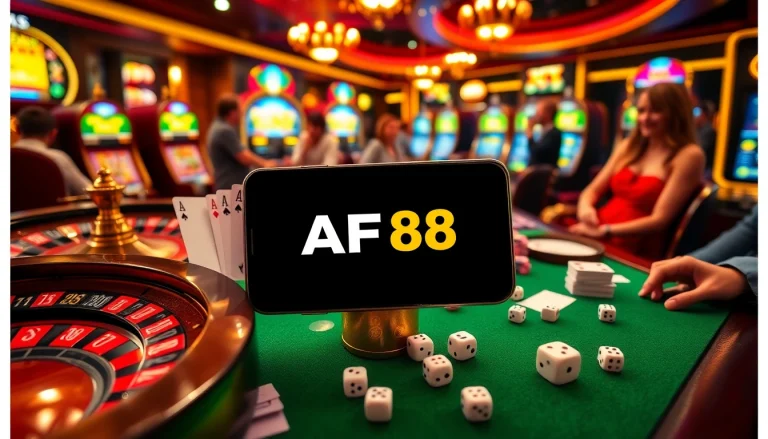 Exciting gambling scene showcasing AF88 APP on mobile among casino elements like roulette, cards, and chips.