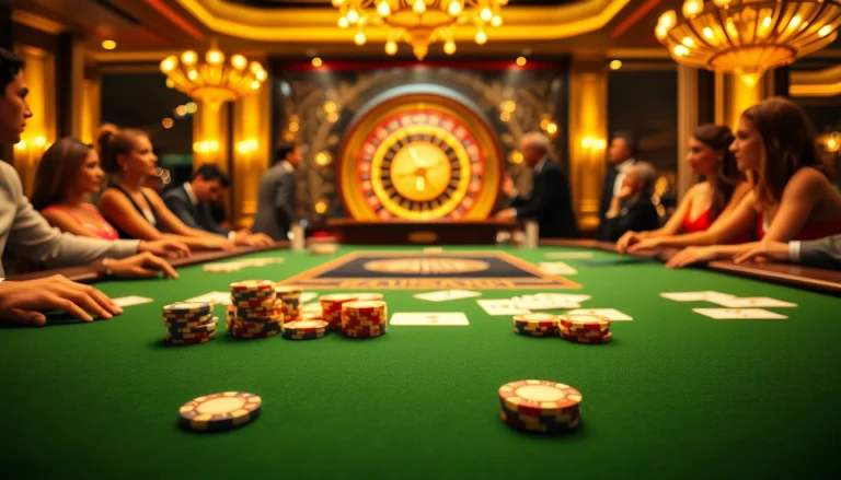 Experience the excitement of u888bet with players at a luxurious poker table surrounded by casino elements.