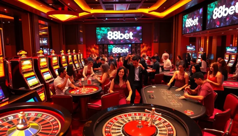 Players enjoying diverse games at an exciting casino scene featuring 88bet slots, roulette, and poker tables.