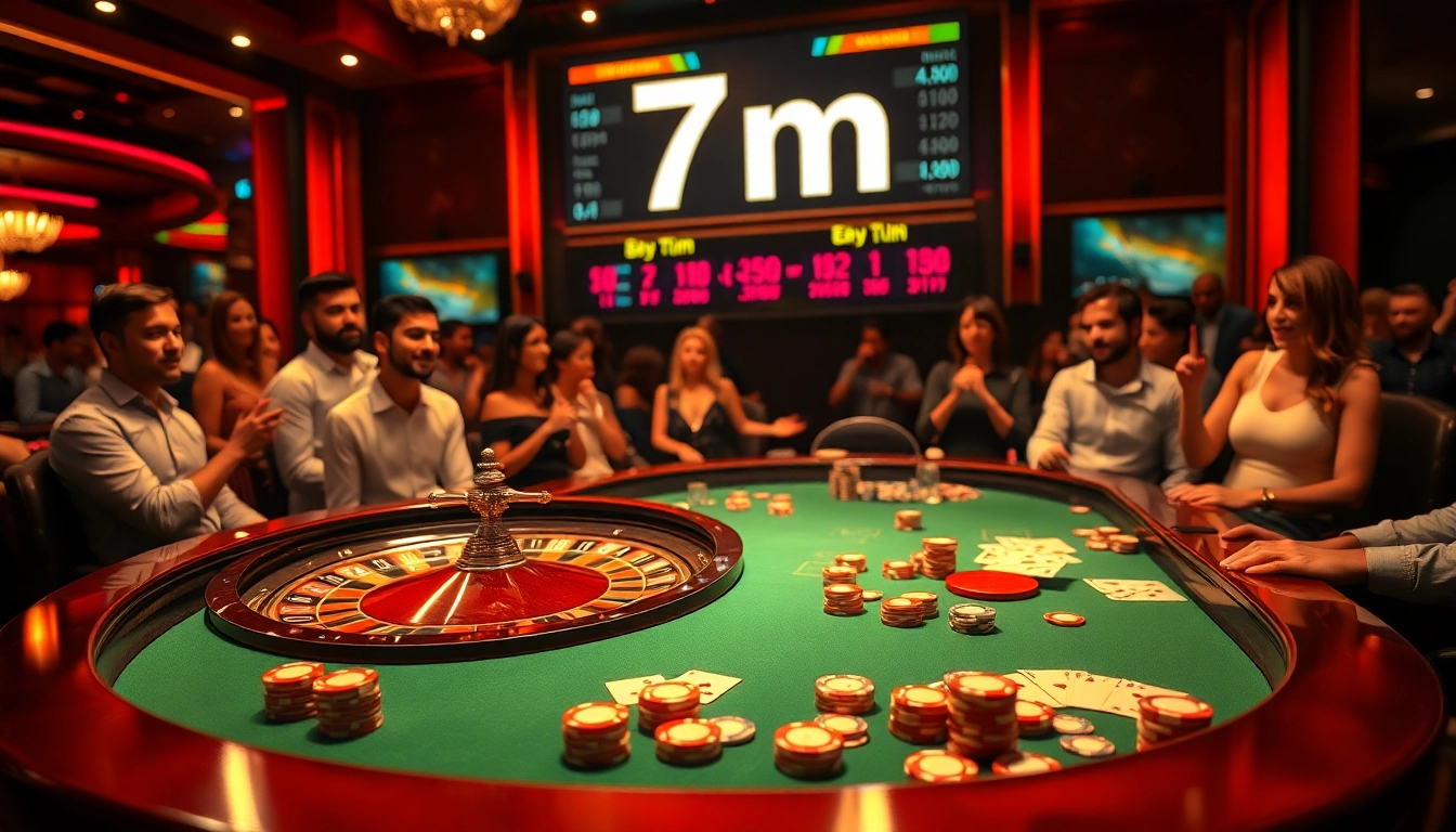 Experience the thrill of 7m betting at an upscale casino with poker chips and a roulette wheel.