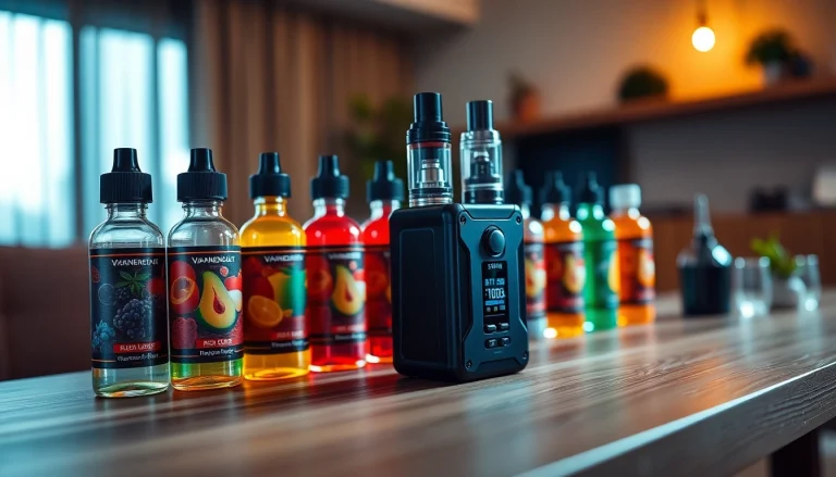 Showcase of vape & e-liquids with a premium vape device and vibrant e-liquid bottles on a wooden table.