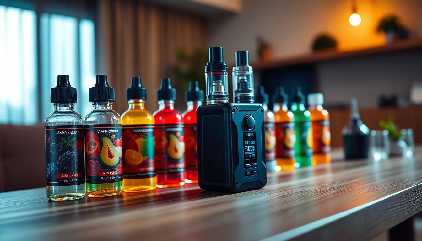 Showcase of vape & e-liquids with a premium vape device and vibrant e-liquid bottles on a wooden table.